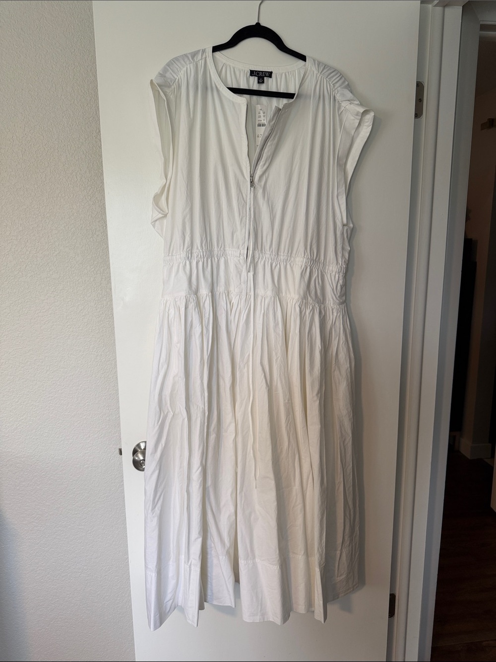 J. Crew White Maxi Dress with Gathered Waist and Zip Front
